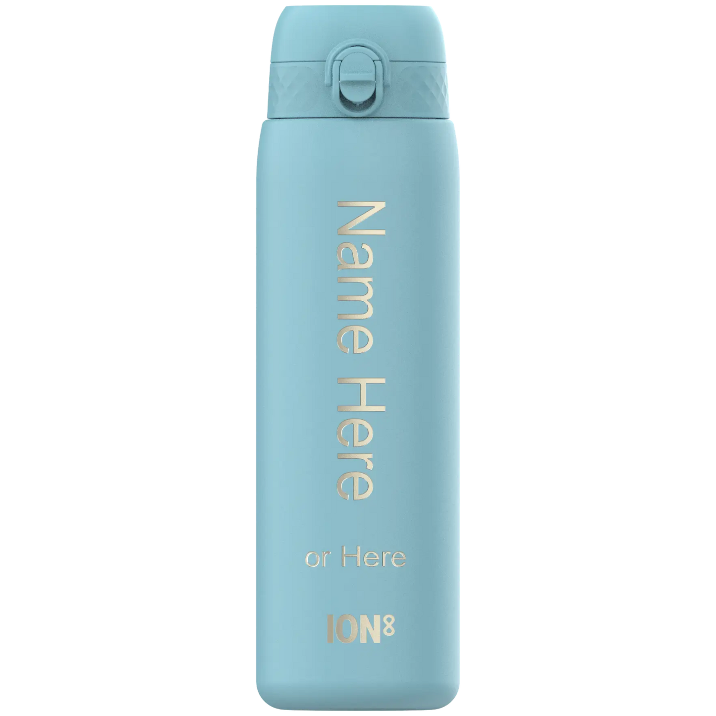 A light-blue water bottle stands against a black background. It has a screw-on lid and the words "Name Here or Here ION8" are vertically printed on its surface.