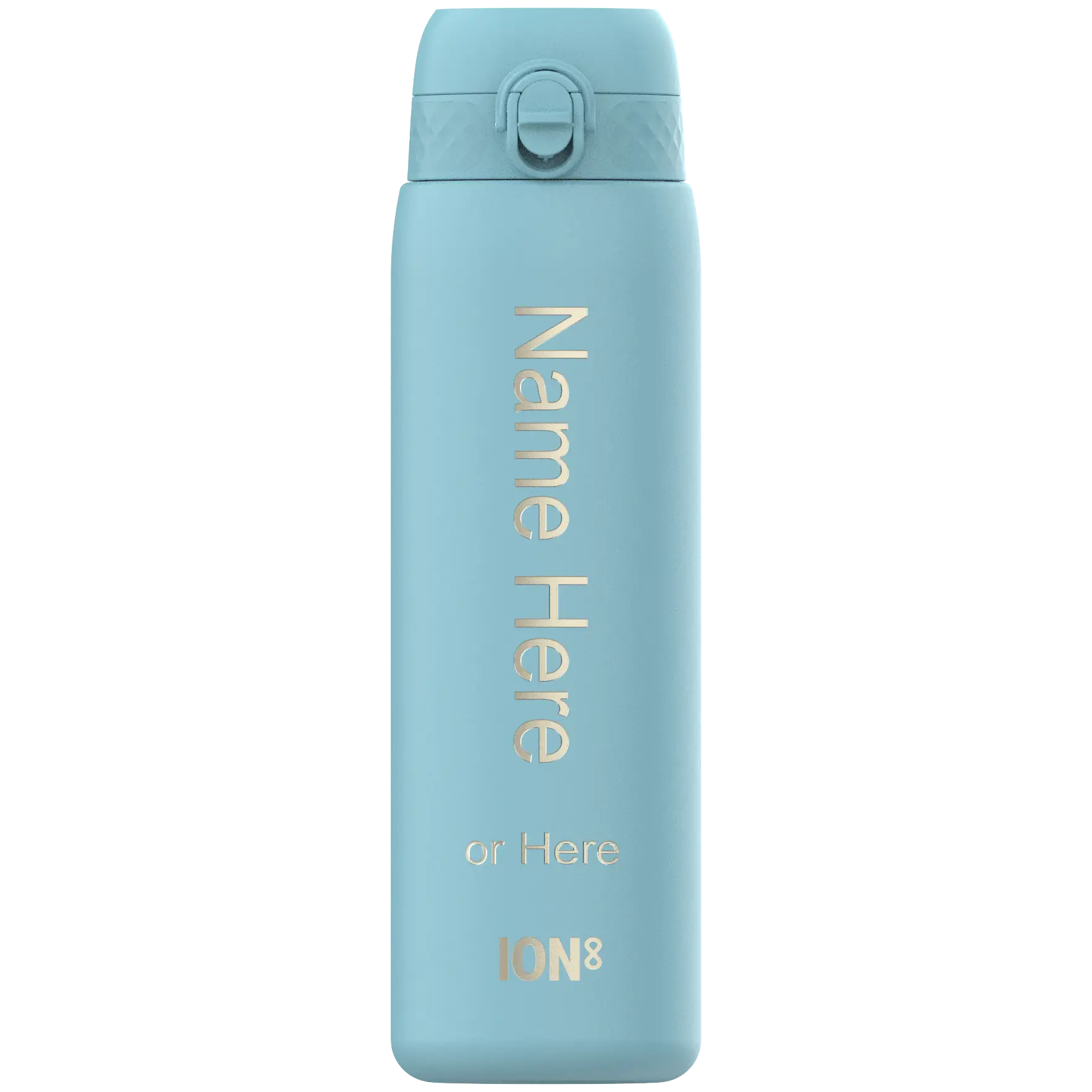 A light-blue water bottle stands against a black background. It has a screw-on lid and the words "Name Here or Here ION8" are vertically printed on its surface.