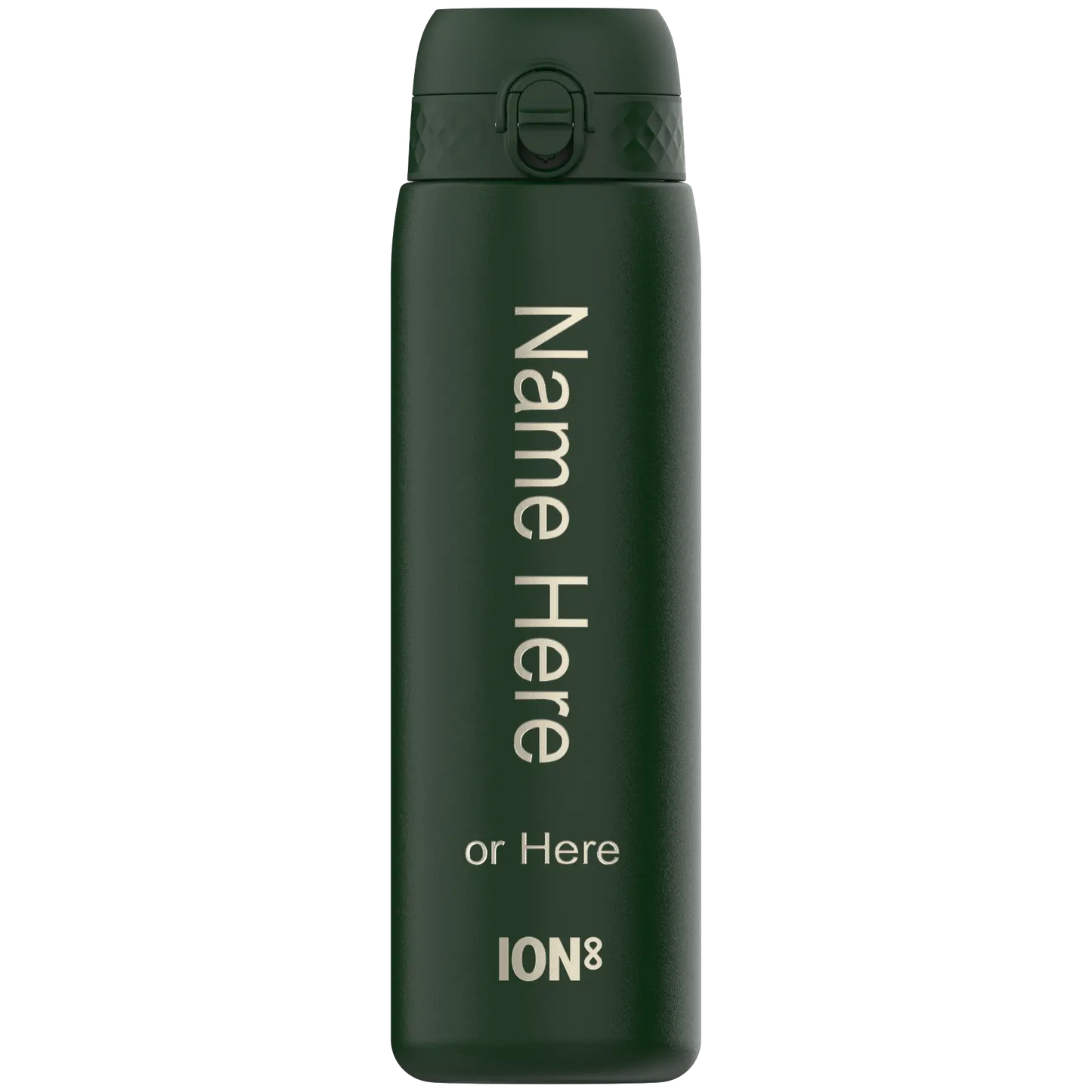A dark-green ION8 water bottle stands upright; its surface displays "Name Here or Here".