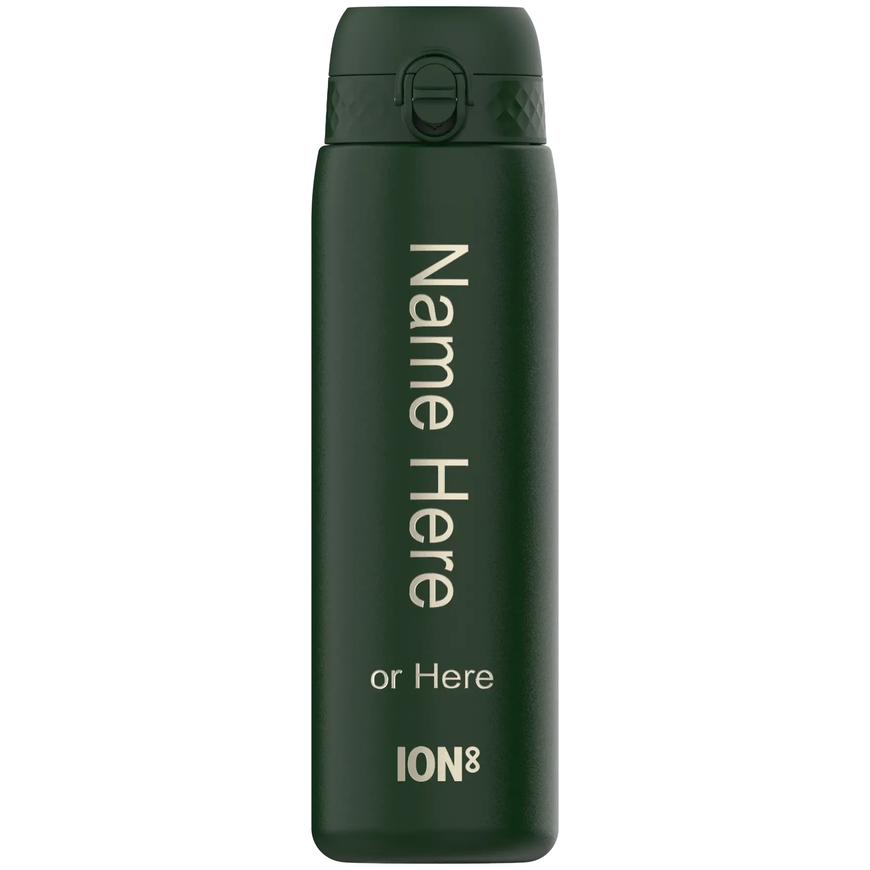 A dark-green ION8 water bottle stands upright; its surface displays "Name Here or Here".