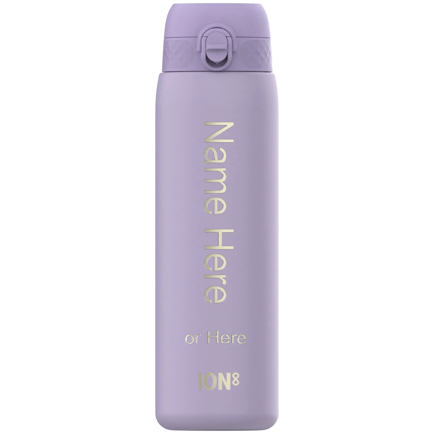 A lavender-colored ION8 water bottle stands upright. The bottle displays "Name Here or Here" and the ION8 logo.