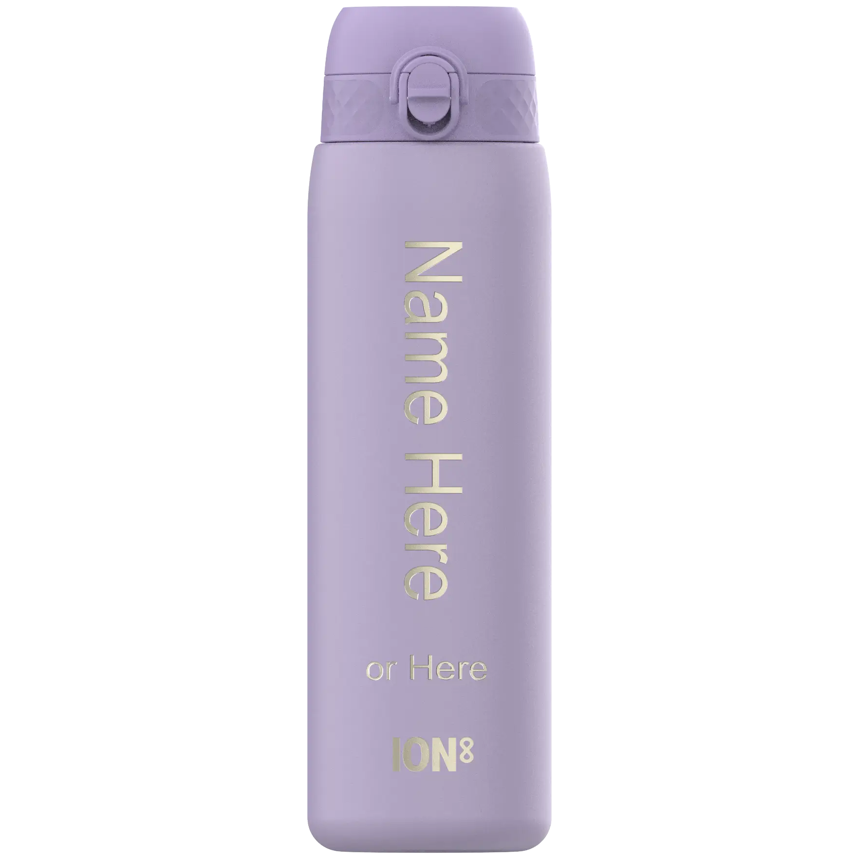 A lavender-colored ION8 water bottle stands upright. The bottle displays "Name Here or Here" and the ION8 logo.