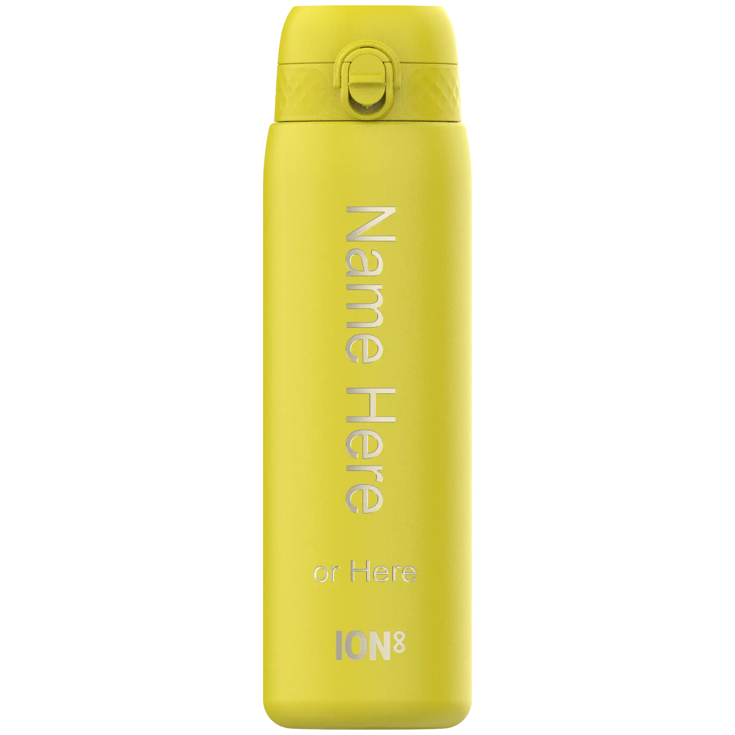A yellow ION8 water bottle stands against a black background. It displays "Name Here or Here" and the logo "ION8".