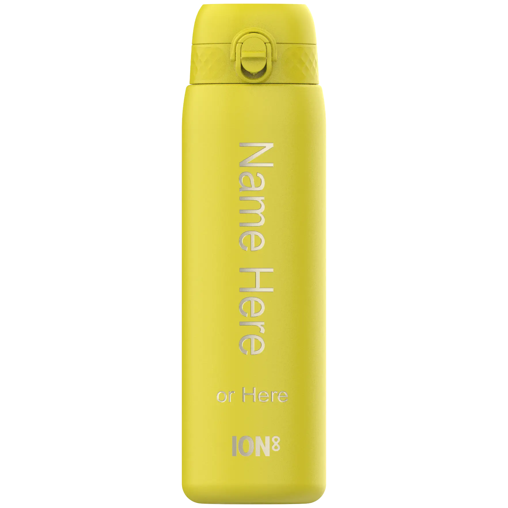 A yellow ION8 water bottle stands against a black background. It displays "Name Here or Here" and the logo "ION8".