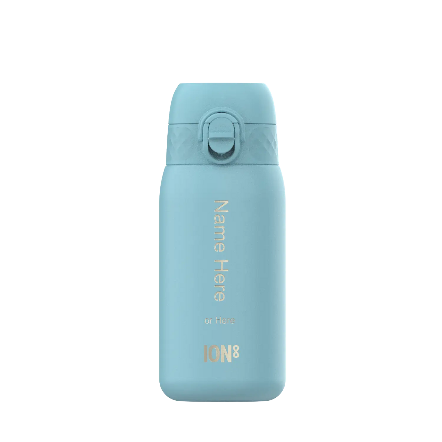 A light-blue ION8 water bottle stands upright against a white background. The bottle displays "Name Here or Here" and the logo "ION8".