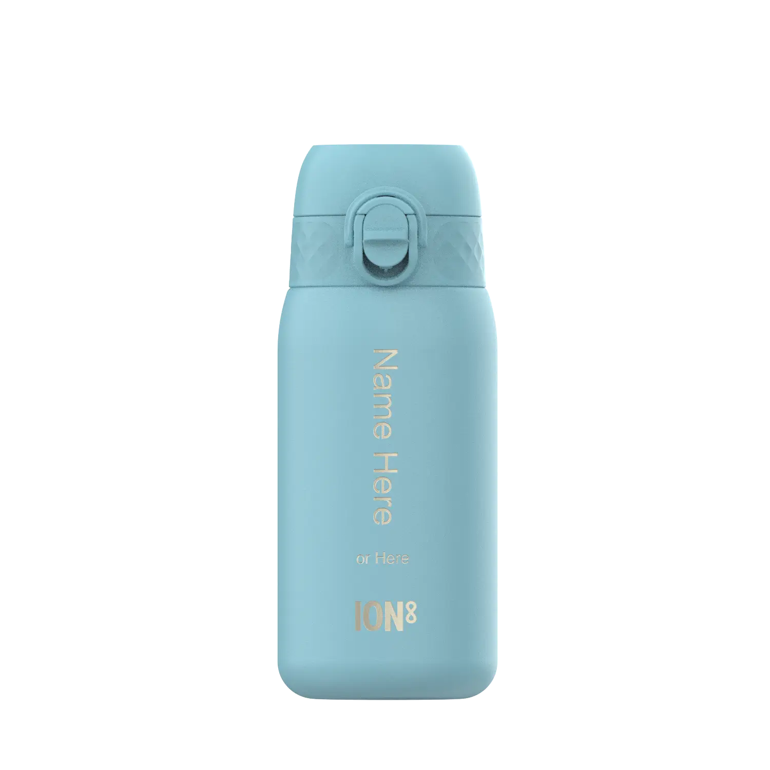 A light-blue ION8 water bottle stands upright against a white background. The bottle displays "Name Here or Here" and the logo "ION8".