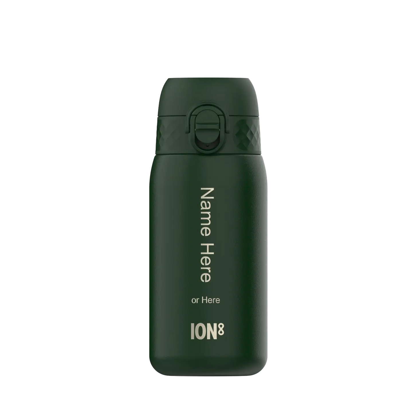 A dark-green ION8 water bottle stands upright against a white background. The bottle displays "Name Here or Here" and "ION8".