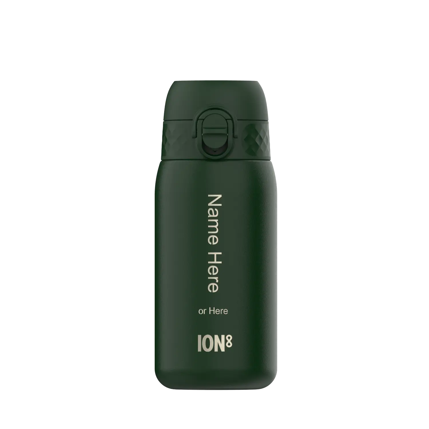 A dark-green ION8 water bottle stands upright against a white background. The bottle displays "Name Here or Here" and "ION8".