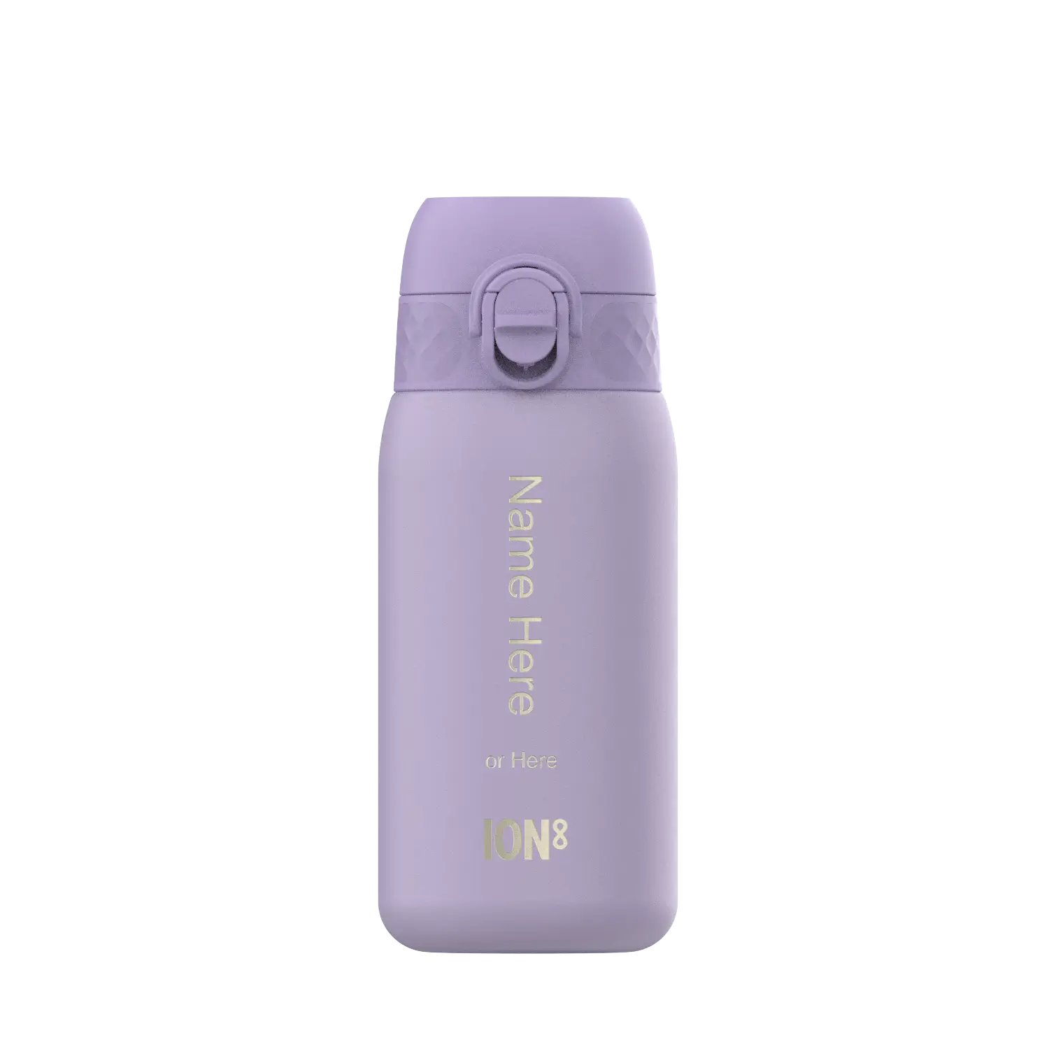 A lavender ION8 water bottle stands upright. It features a flip-top lid and text reading "Name Here or Here ION8".