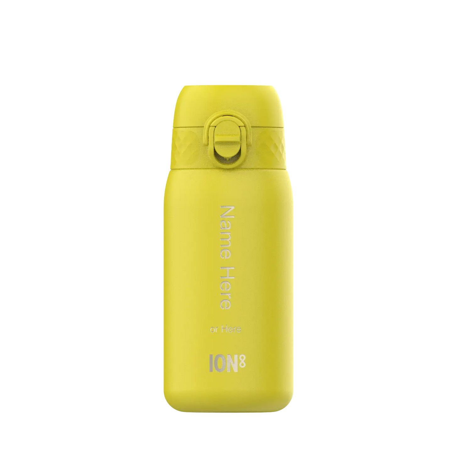 A yellow ION8 water bottle sits on a white background. The bottle features a carrying loop and text that says “Name Here or Here”.