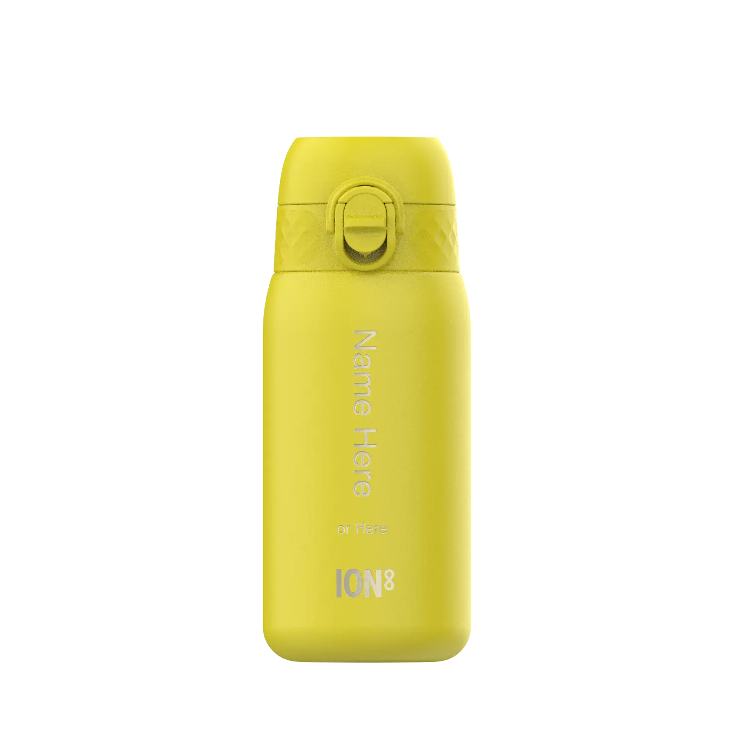A yellow ION8 water bottle sits on a white background. The bottle features a carrying loop and text that says “Name Here or Here”.