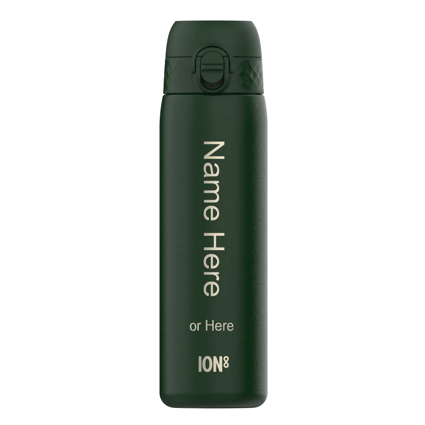 A dark-green ION8 water bottle stands against a white background. It features a flip-top lid and the text: "Name Here or Here ION8".