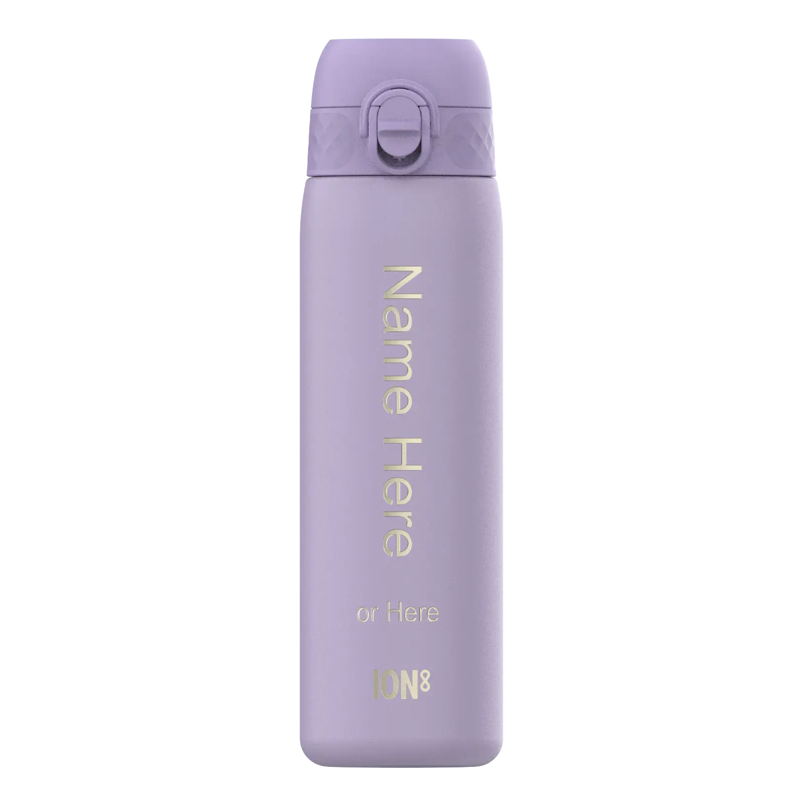 A lavender-colored water bottle stands upright against a white background. The bottle displays “Name Here or Here” and “ION8” in a light-colored, vertical font.