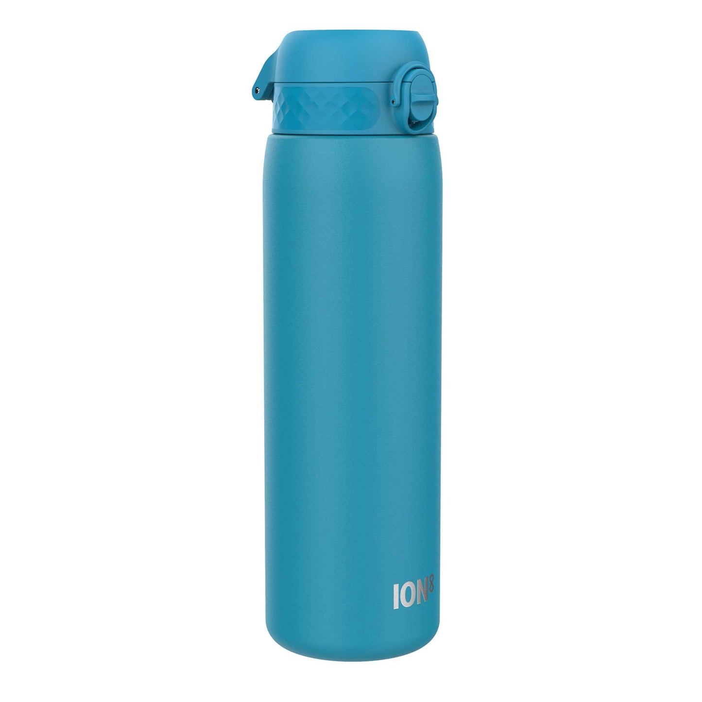 A teal water bottle stands upright against a white background. The bottle features a flip-top lid and the brand name "ION8" is printed near the base.