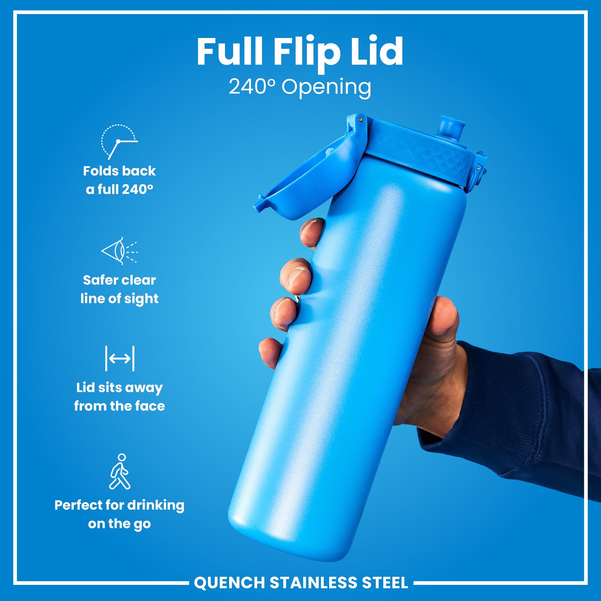 A blue stainless steel water bottle with a full flip lid is being held; its 240° opening is highlighted, showcasing features for safe and convenient on-the-go drinking.