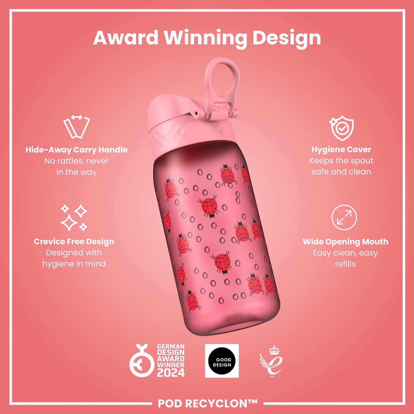 Leak Proof Kids' Water Bottle, Recyclon, Ladybugs, 350ml (12oz)