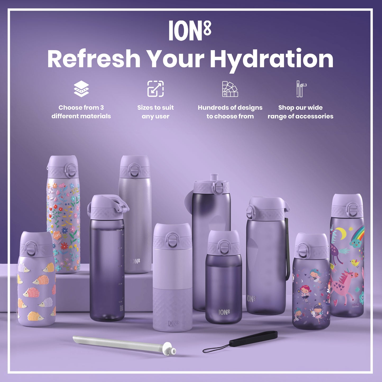 Several lilac water bottles, varying in size and design, are displayed on a purple surface. They feature various patterns including flowers, hedgehogs, fairies, and unicorns. Accompanying text promotes the brand "ION8" and highlights material choices, sizes, and designs.