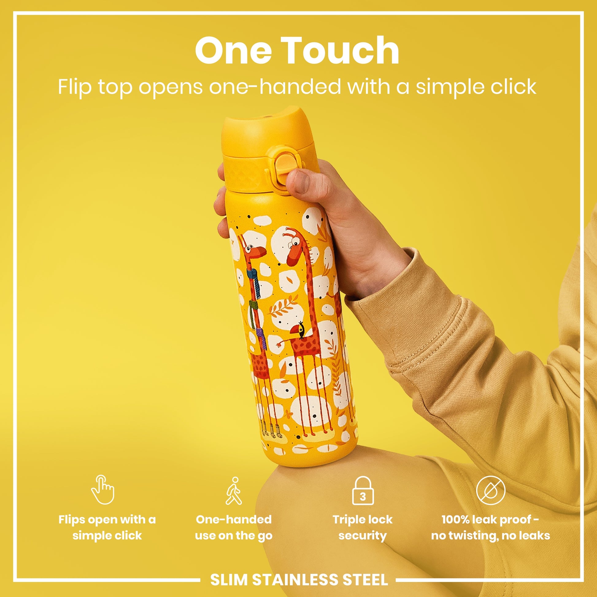 A yellow, giraffe-patterned water bottle is held; its flip top opens one-handed. The bottle is slim stainless steel, leakproof, and features a triple lock security.