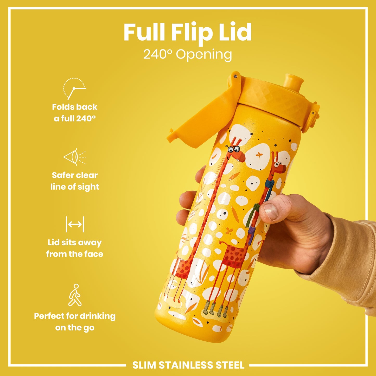 A yellow water bottle, featuring a 240° flip lid and giraffe print, is held. The lid's design prioritizes safety and ease of use for on-the-go drinking. The bottle is slim stainless steel.