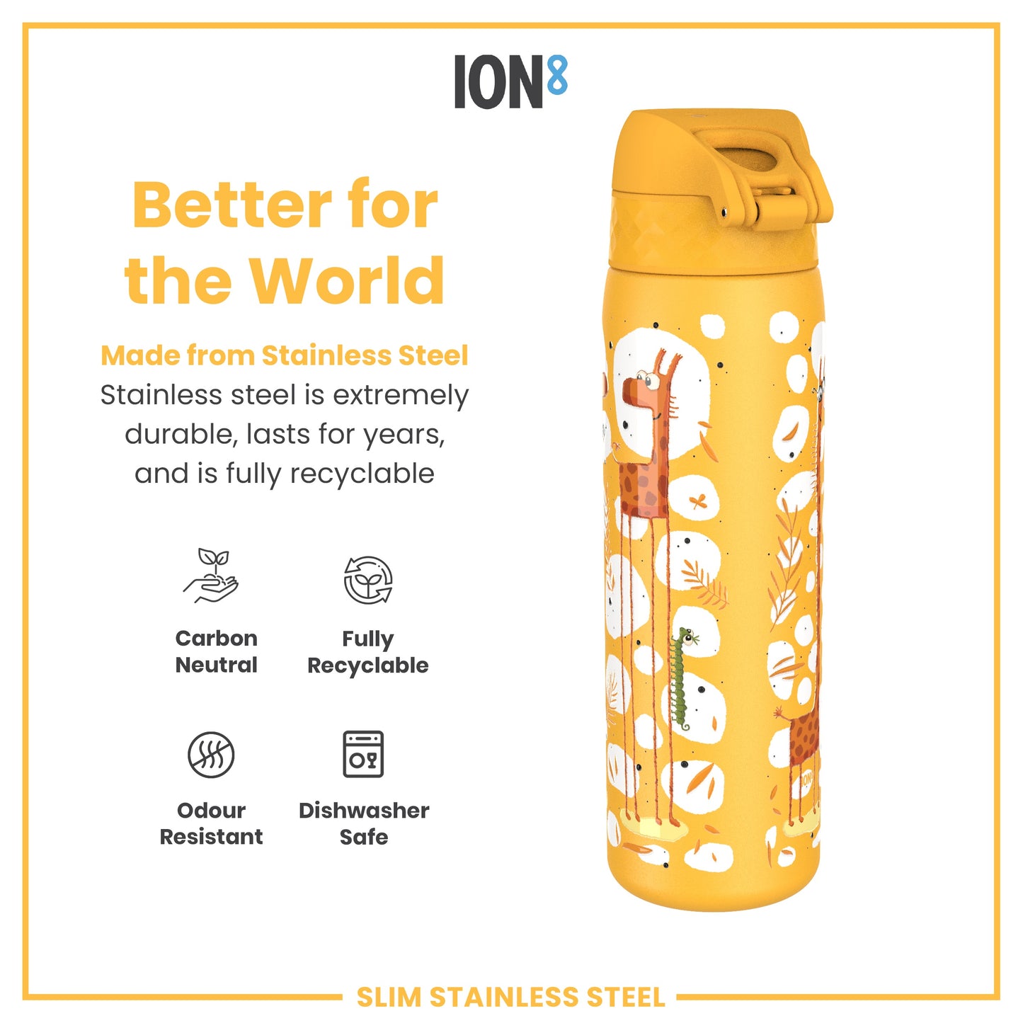 A yellow stainless steel water bottle, featuring a cartoon animal design, sits against a white background; it is described as better for the world, carbon neutral, fully recyclable, odour resistant, and dishwasher safe.