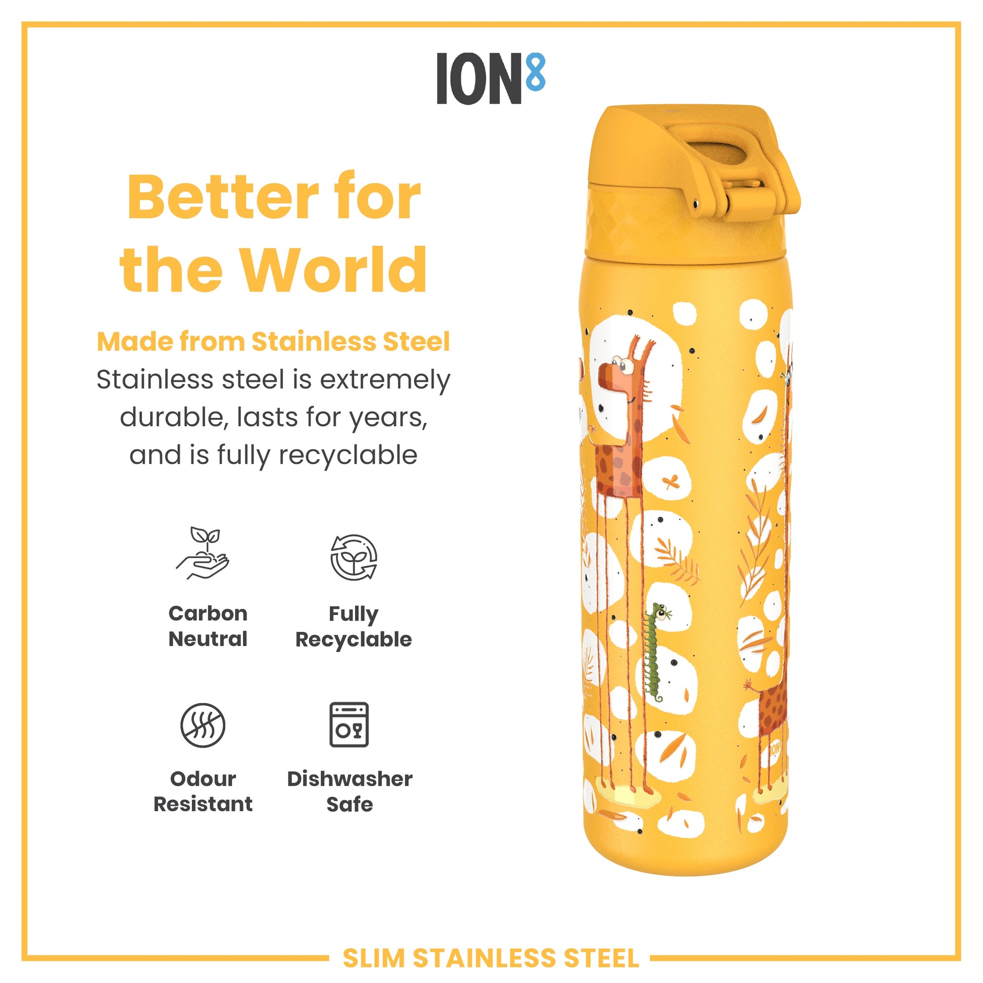 A yellow stainless steel water bottle, featuring a cartoon animal design, sits against a white background; it is described as better for the world, carbon neutral, fully recyclable, odour resistant, and dishwasher safe.