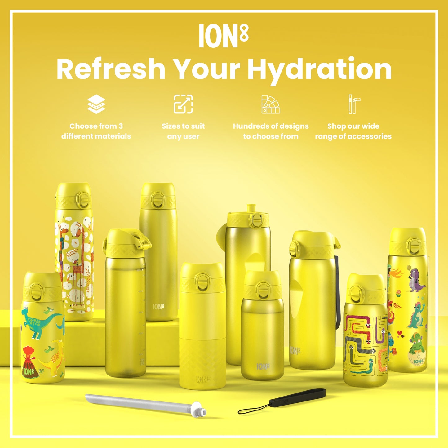 Several yellow water bottles, of varying sizes and designs, are displayed on a yellow background. ION8 branding is visible. Accompanying text advertises material choices, size options, design variety, and available accessories.