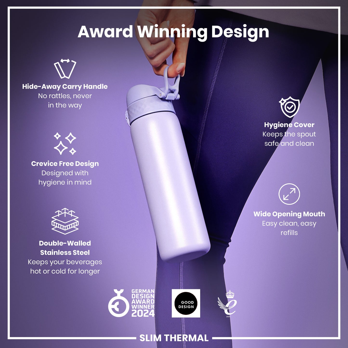 A lavender-colored, double-walled stainless steel water bottle is held by a person; its features are highlighted. The bottle is award-winning, with a hide-away handle, crevice-free design, hygiene cover, and wide opening mouth.