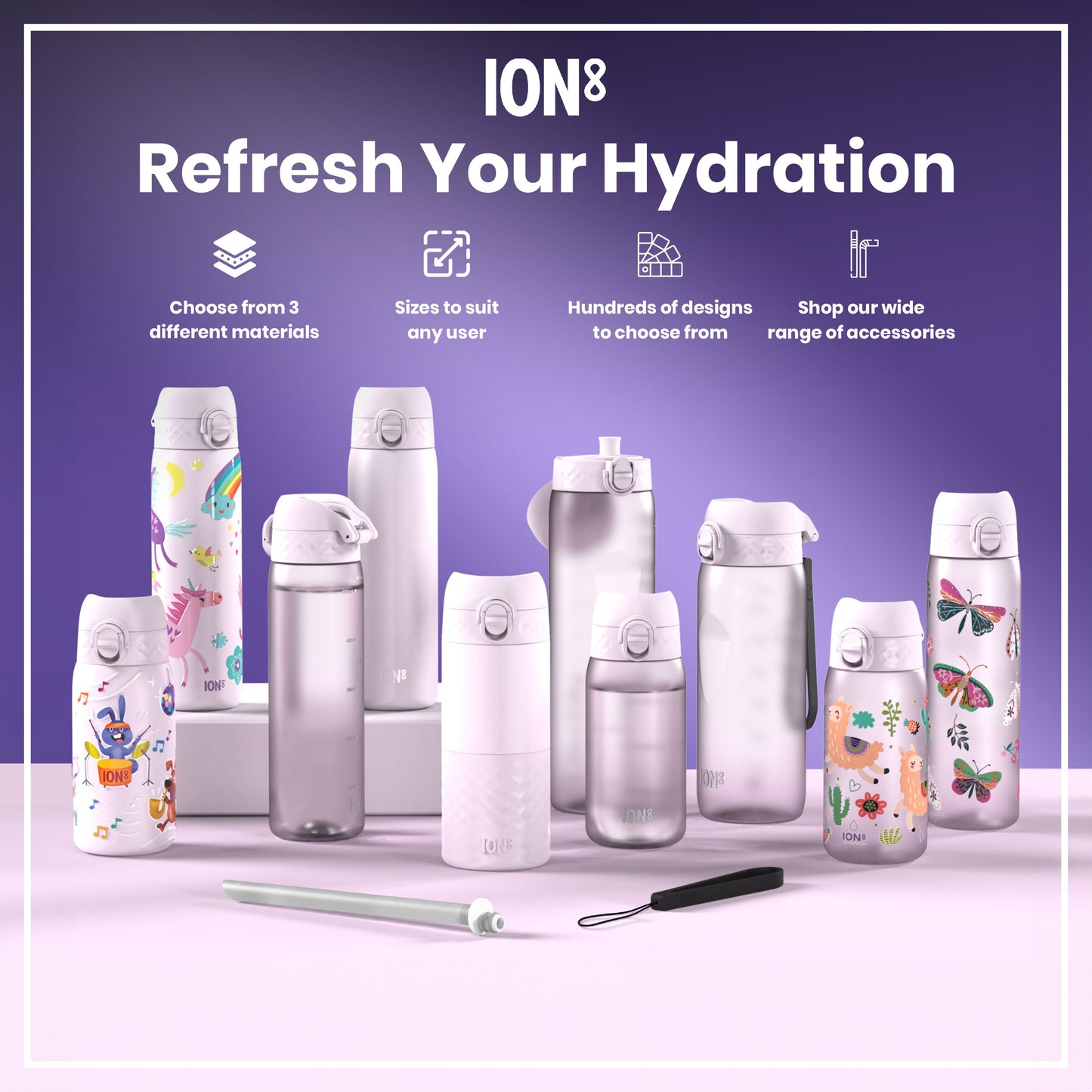 Several water bottles, varying in size and design, are displayed on a pale pink surface. They feature various colorful patterns. The background is a gradient purple. ION8 is prominently displayed.