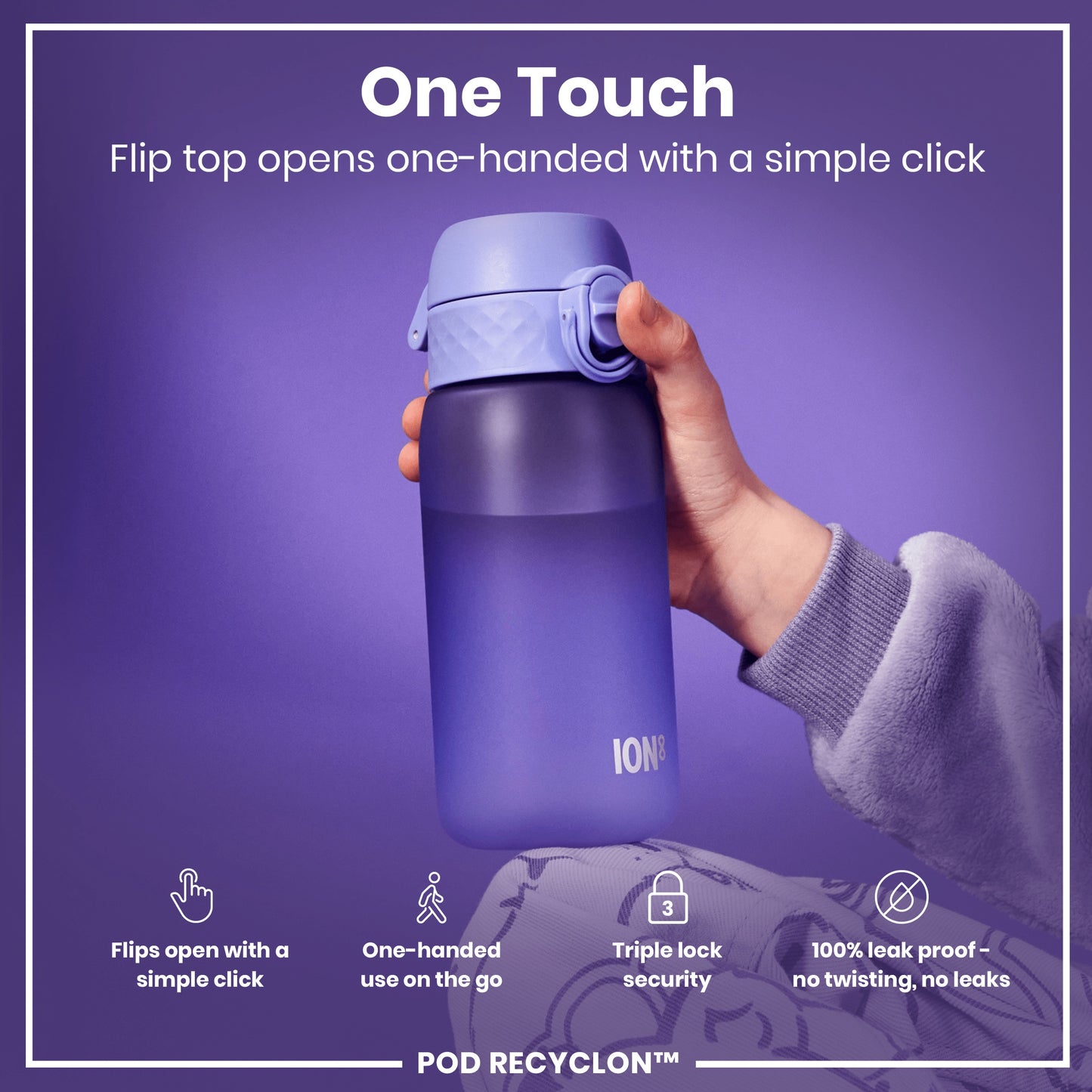 A purple water bottle with a flip top is being held; its lid opens one-handed with a click. The bottle features a triple lock security mechanism and is 100% leakproof. The background is purple.