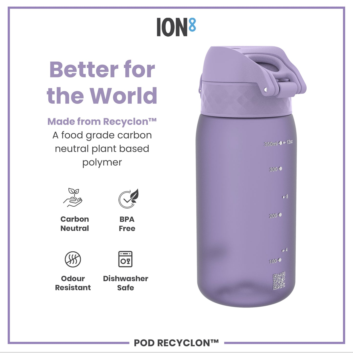 A lavender-colored water bottle sits on a white background. It's made from a plant-based polymer, is BPA-free, dishwasher safe, and odor resistant. The bottle displays volume markings.