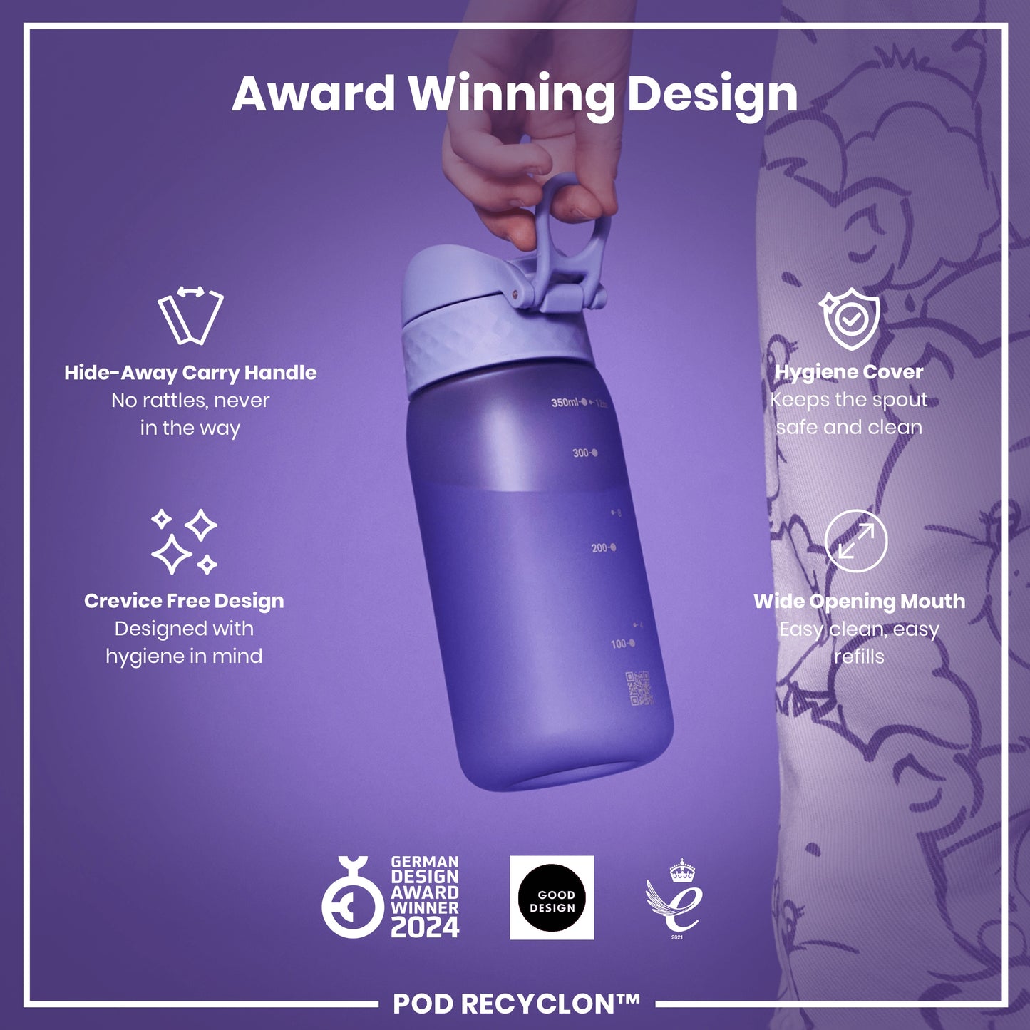 A purple water bottle is being held; it features a hide-away handle, a wide mouth, and a hygiene cover. The bottle's design prioritizes hygiene and it's an award winner.