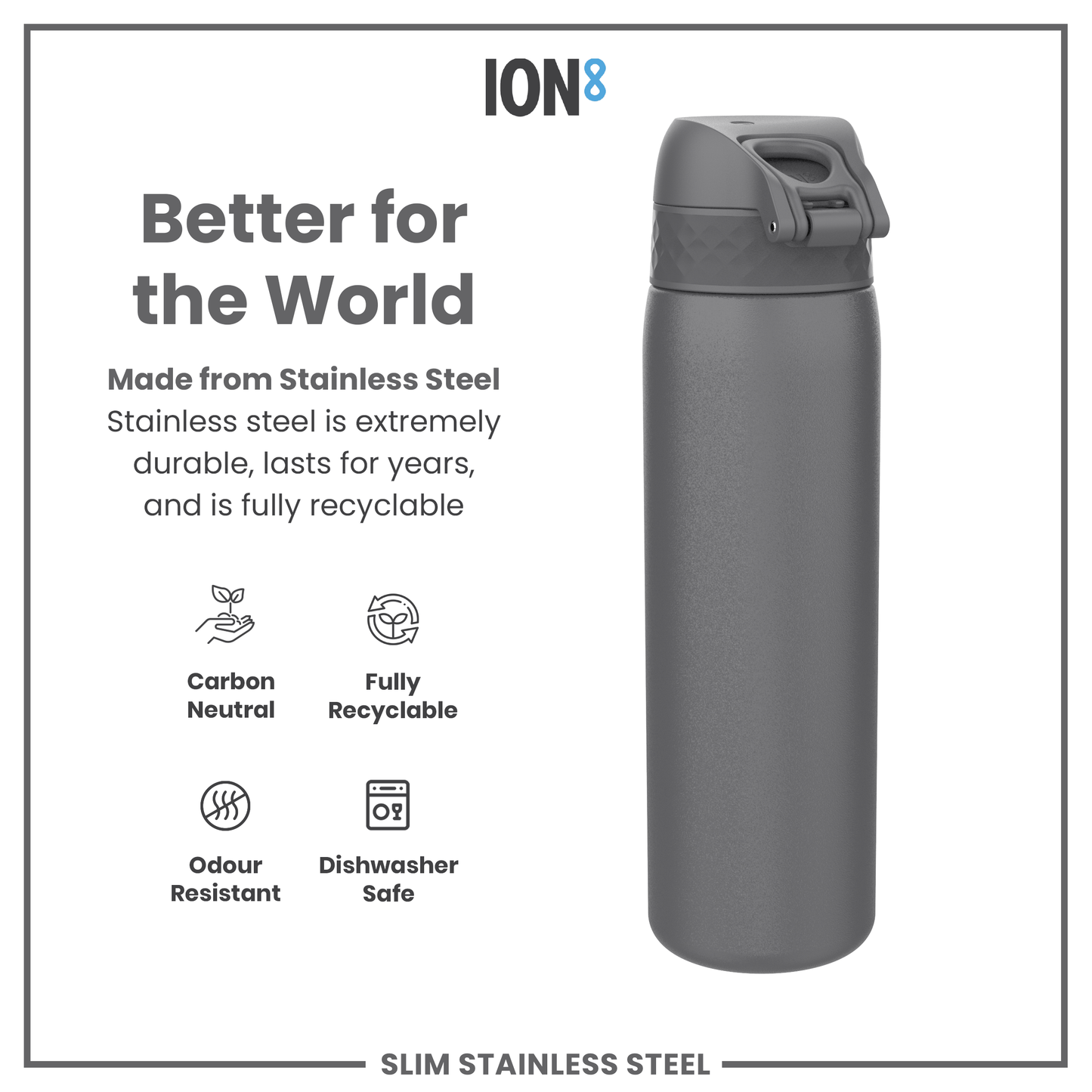 A gray stainless steel water bottle stands against a white background. The bottle is described as better for the world, carbon neutral, fully recyclable, odour resistant, and dishwasher safe.