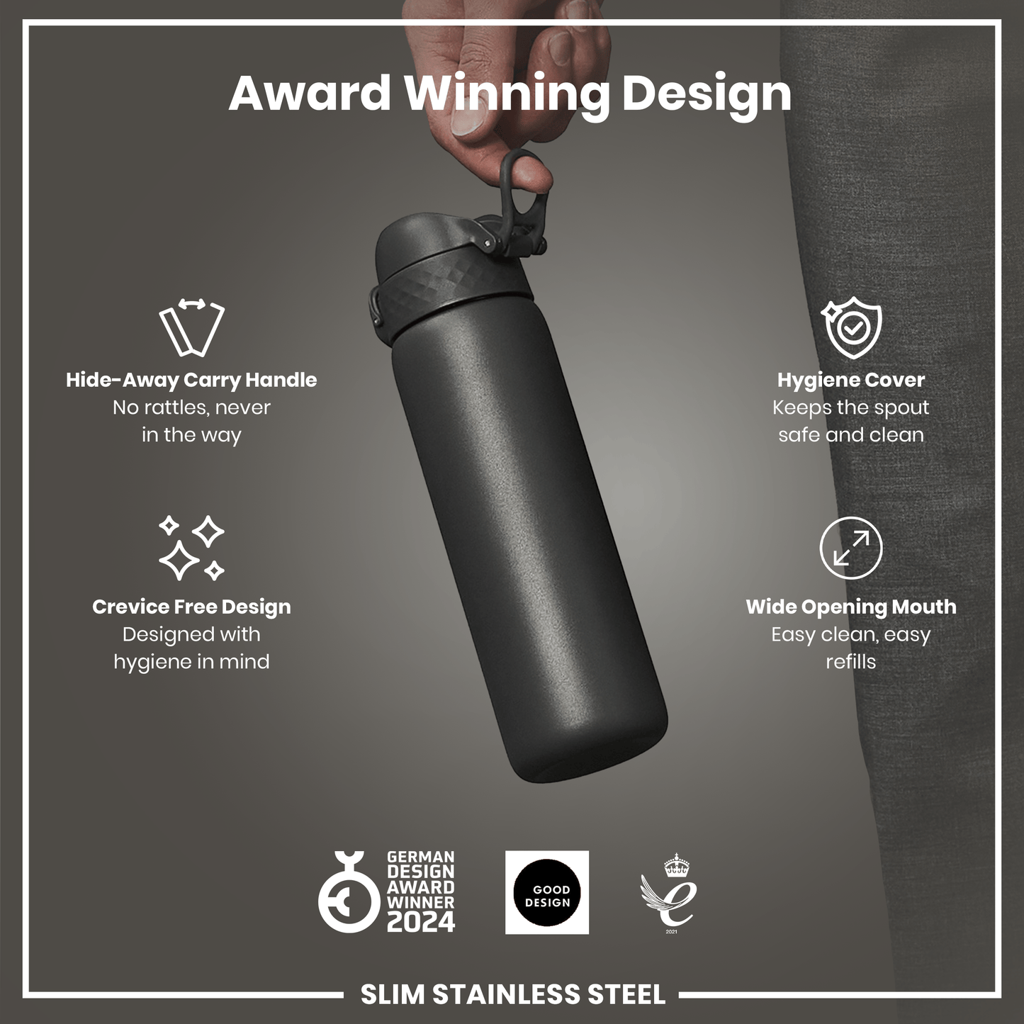 A dark gray, slim stainless steel water bottle is being held. Features include a hide-away handle, hygiene cover, and wide mouth. Awards from 2024 and 2021 are shown.