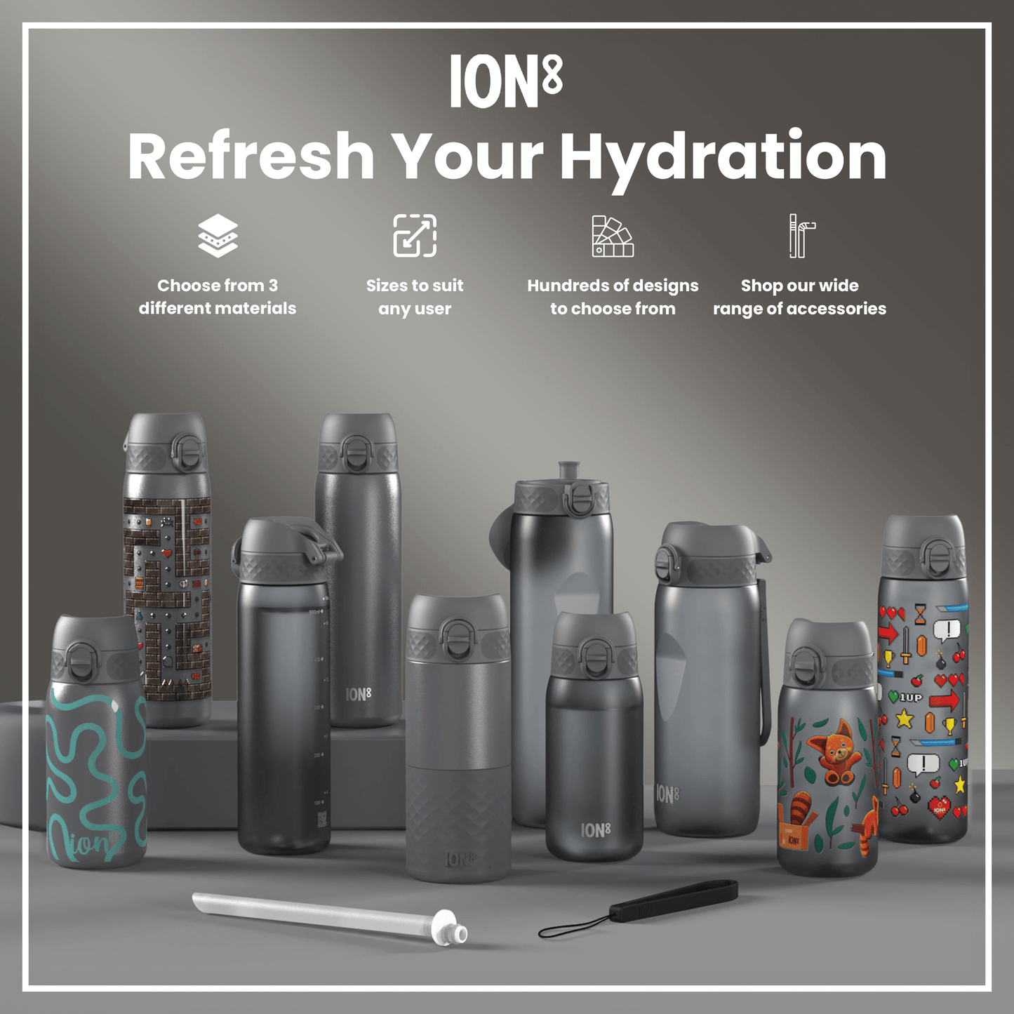 Several water bottles, various sizes and designs, are displayed on a gray surface; accompanying text advertises ION8 brand hydration products and accessories.