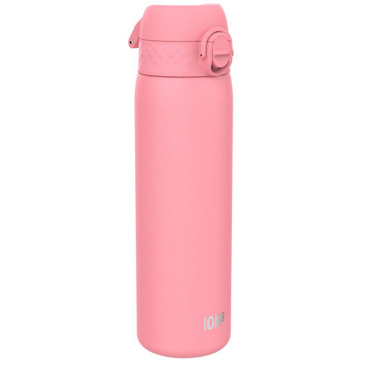 A pink ION8 water bottle stands against a white background. The bottle is cylindrical with a flip-top lid.