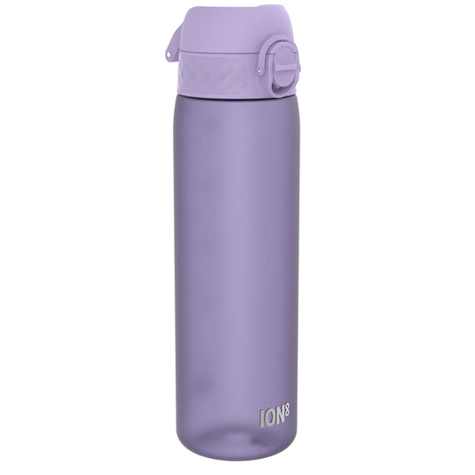 A lavender-colored plastic water bottle sits on a white background. The bottle has a purple lid with a flip-top opening mechanism. The brand name "ION8" is visible near the base.