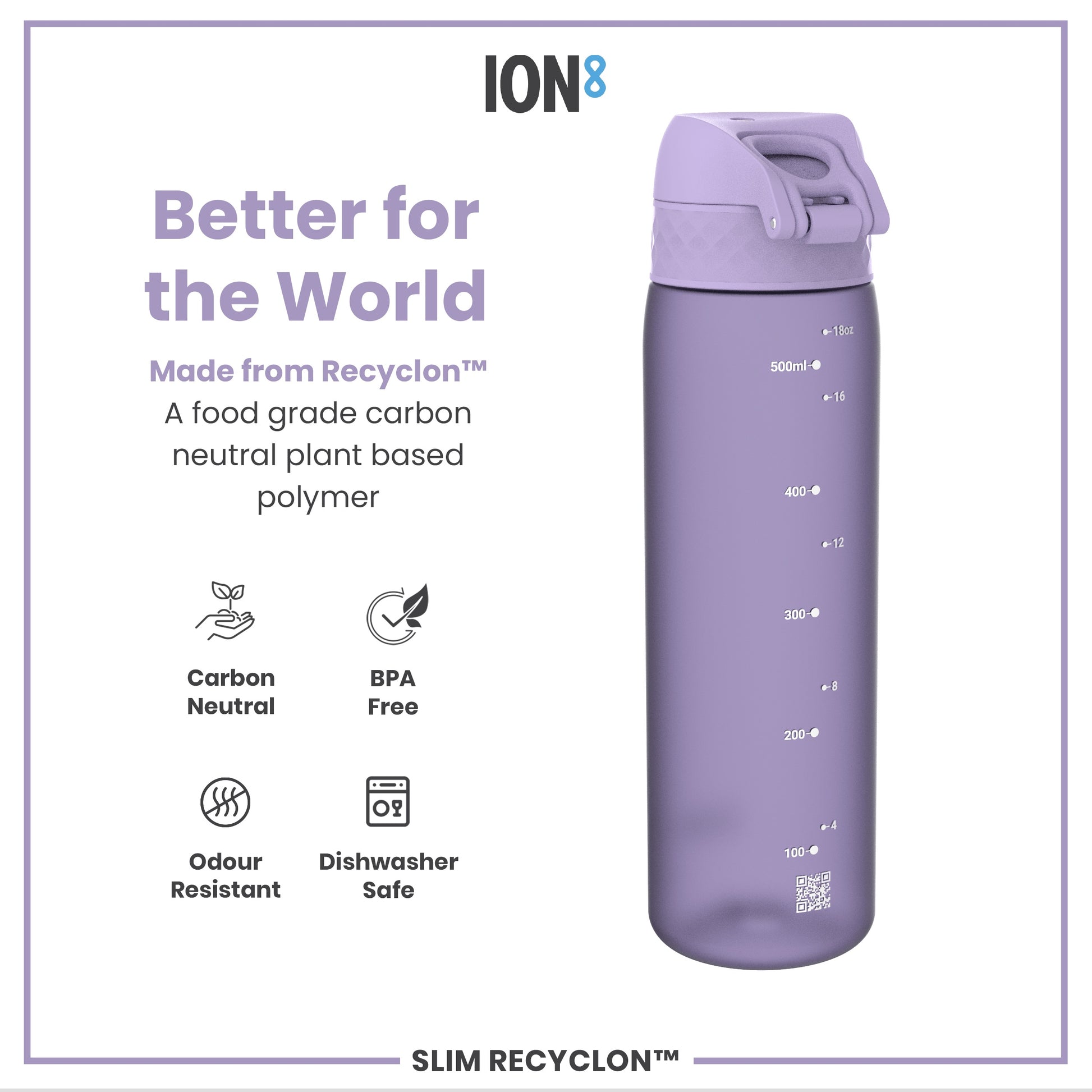 A lavender water bottle sits against a white background. It is made from a plant-based polymer, and is BPA free, odour resistant, and dishwasher safe. The bottle shows measurements in milliliters and ounces.