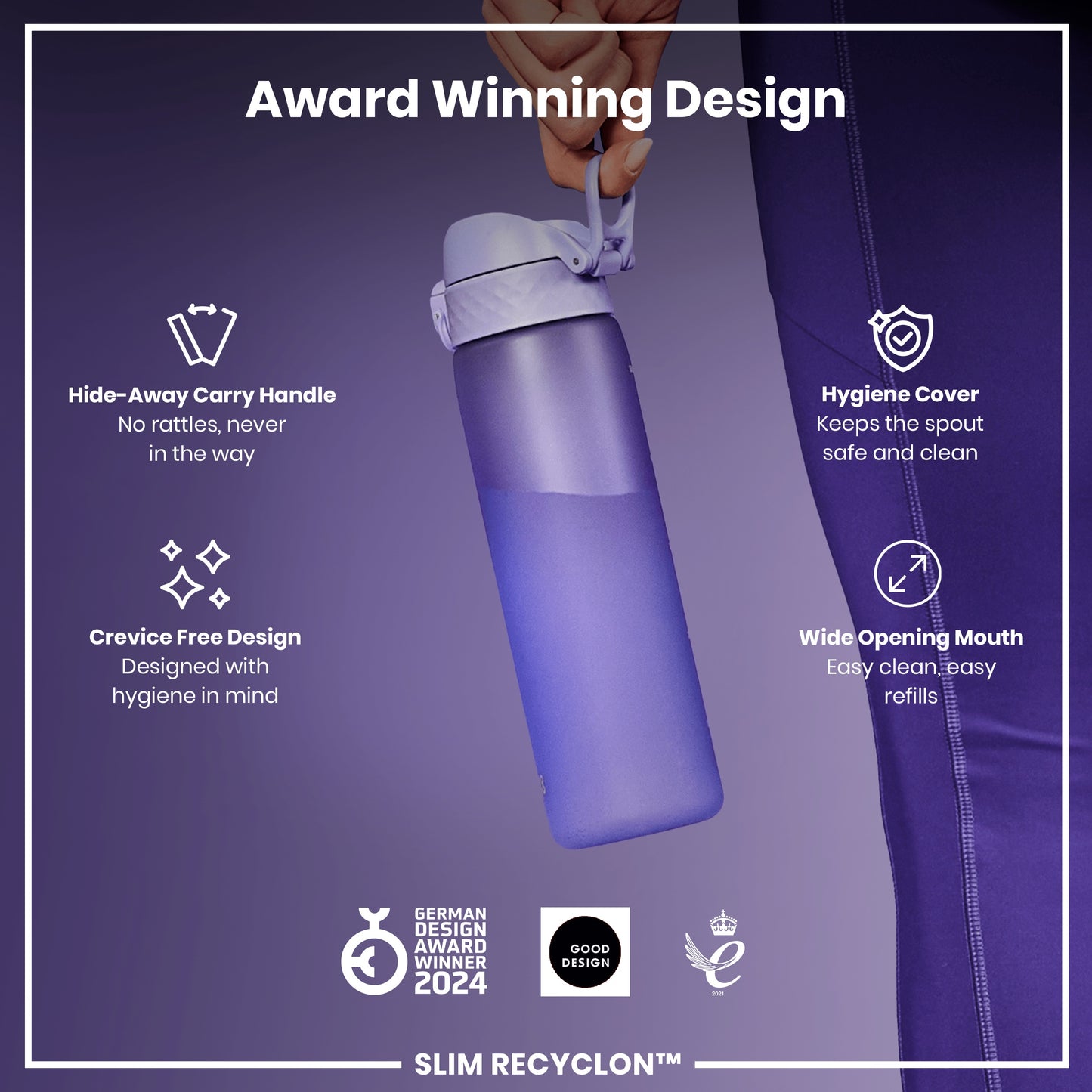 A purple water bottle is being held; it features a hideaway handle, hygiene cover, and wide mouth. The bottle boasts an award-winning, crevice-free design for hygiene. Awards include the German Design Award 2024, Good Design, and a 2021 award.
