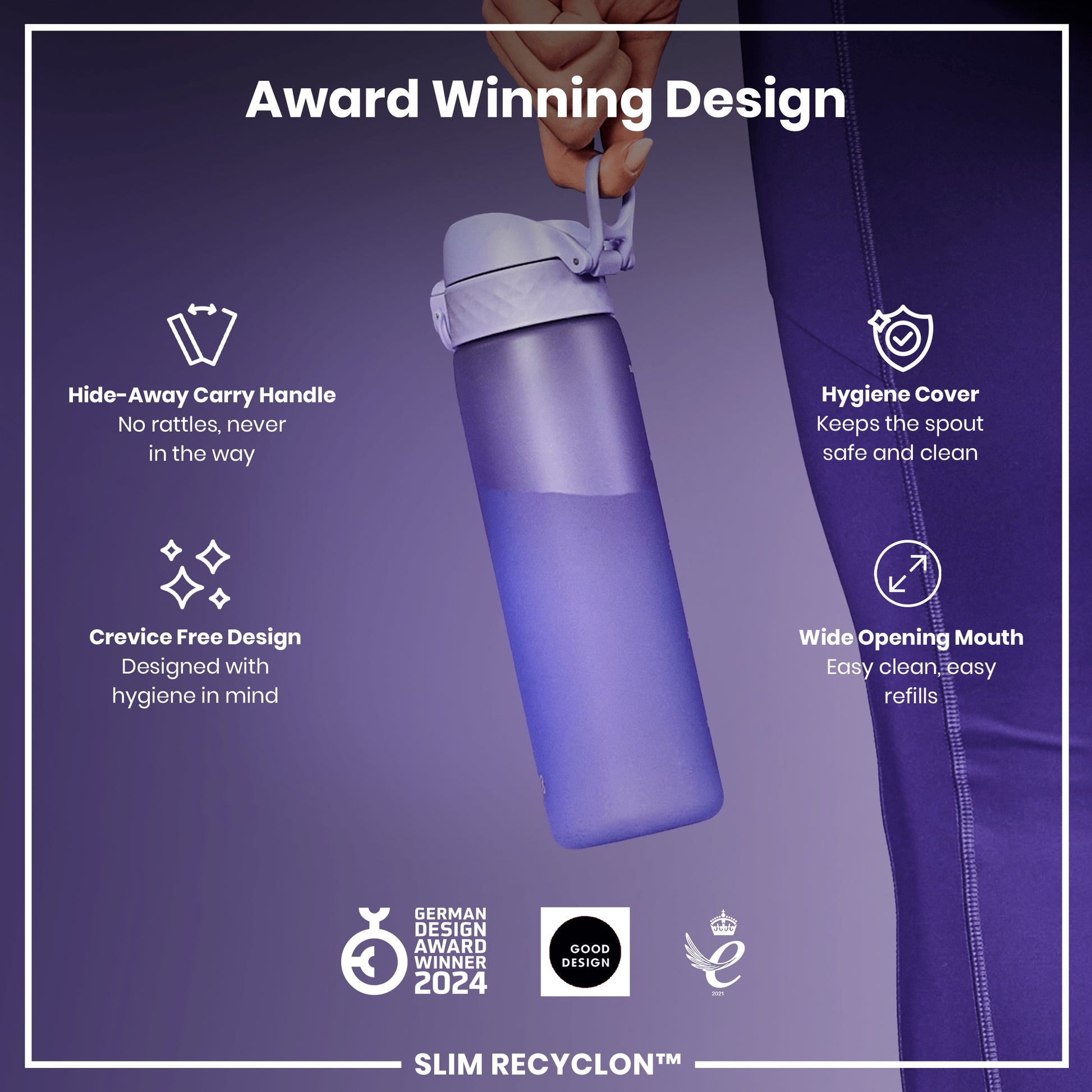 A purple water bottle is being held; it features a hideaway handle, hygiene cover, and wide mouth. The bottle boasts an award-winning, crevice-free design for hygiene. Awards include the German Design Award 2024, Good Design, and a 2021 award.