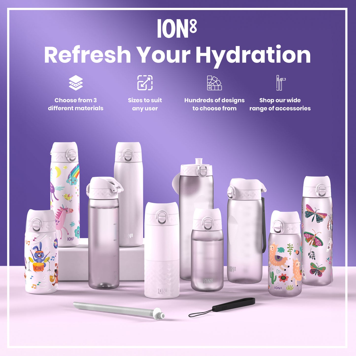 Several ION8 water bottles, in various sizes and designs, are displayed on a light purple surface. They showcase different materials and accessories. The background is a matching purple gradient.