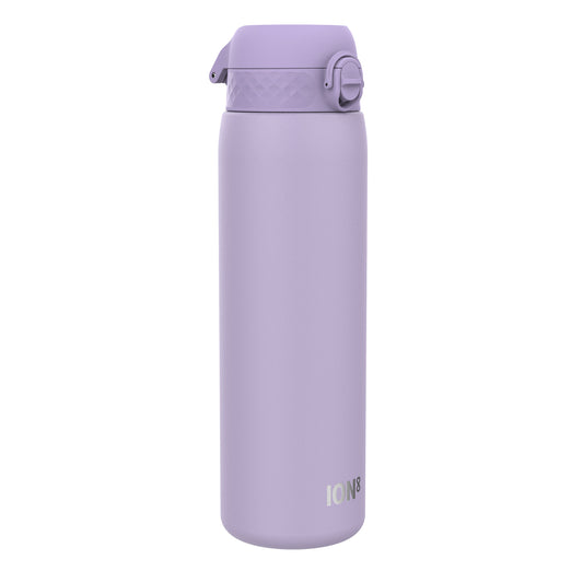 A lavender water bottle stands upright against a white background. The bottle has a screw-on lid with a carrying loop. ION8 is printed on the bottle.