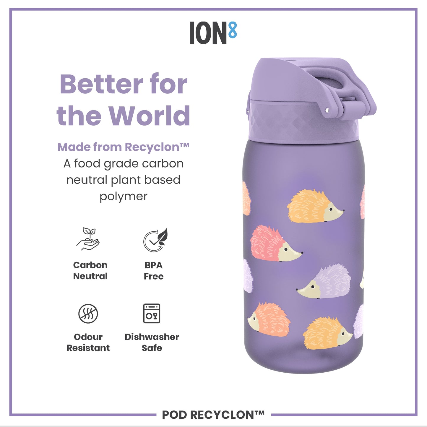 A purple water bottle, featuring a hedgehog design, sits against a white background. It’s made from Recyclon™, a plant-based polymer, and is BPA-free, odour-resistant, and dishwasher-safe.