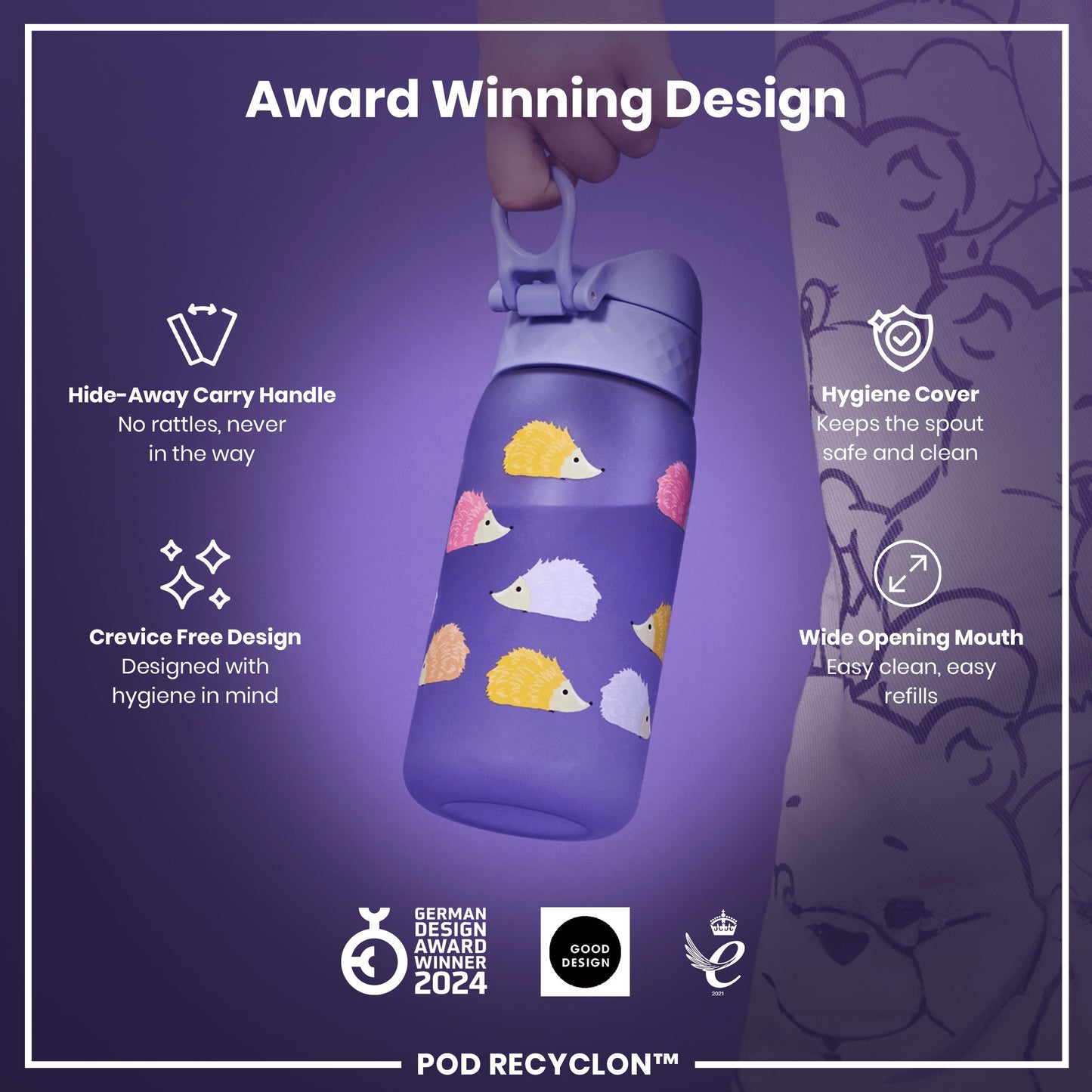 A purple water bottle, decorated with hedgehogs, is being held. Its features include a hide-away handle, a hygiene cover, and a wide mouth. Awards won in 2024 are noted.