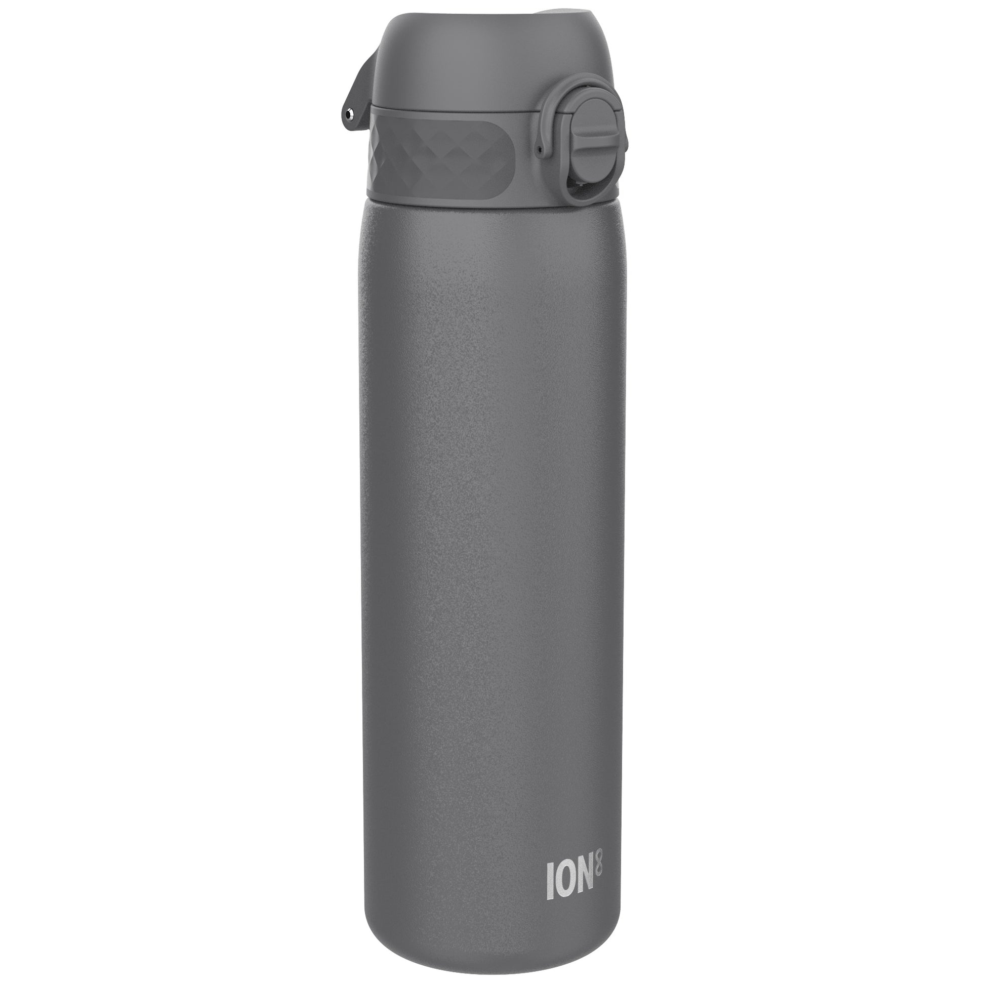 A dark gray water bottle stands upright against a white background. The bottle has a textured surface and a screw-on lid. The brand "ION8" is subtly printed near the bottom.