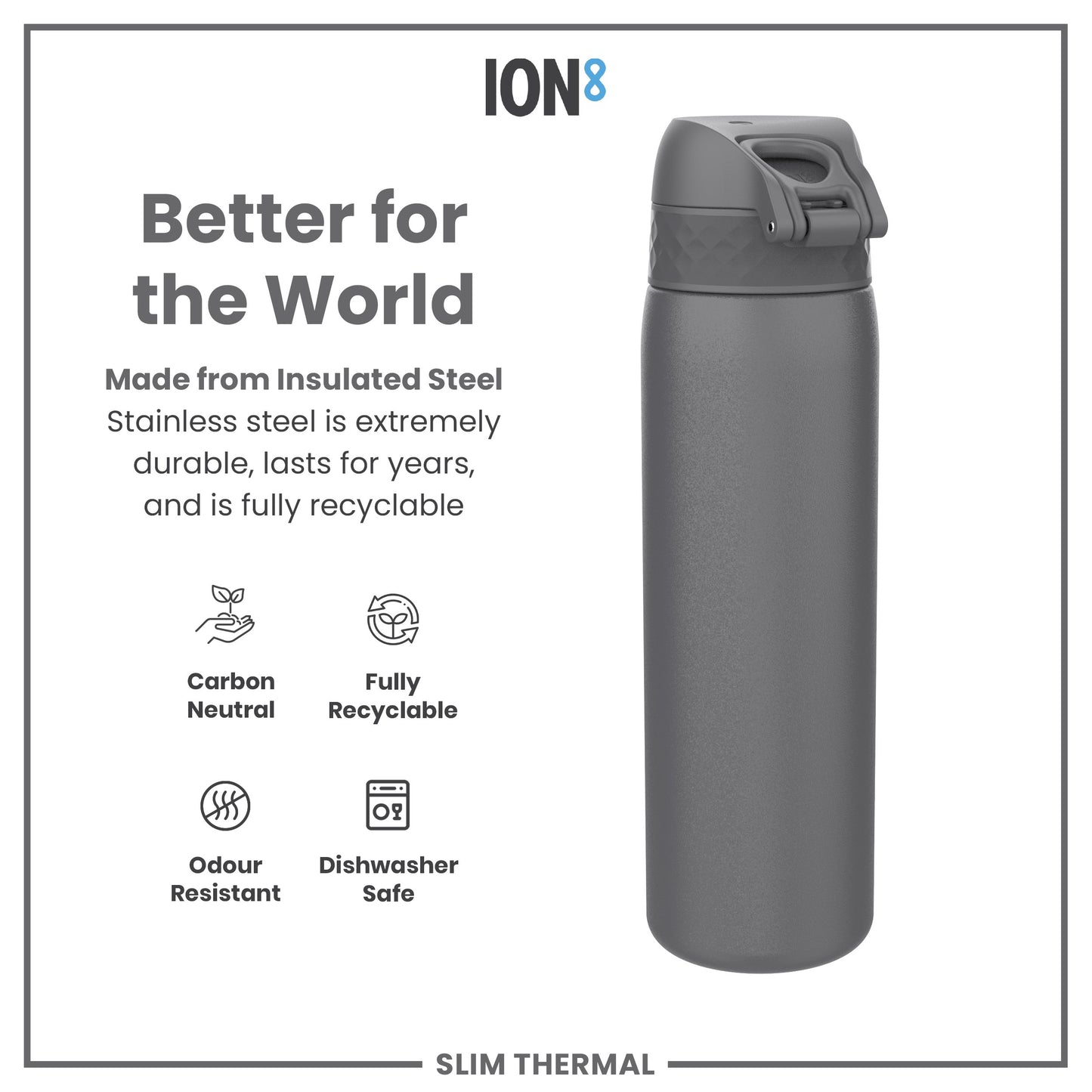 A dark gray insulated steel water bottle stands against a white background. The bottle is described as durable, recyclable, carbon neutral, odor resistant, and dishwasher safe.