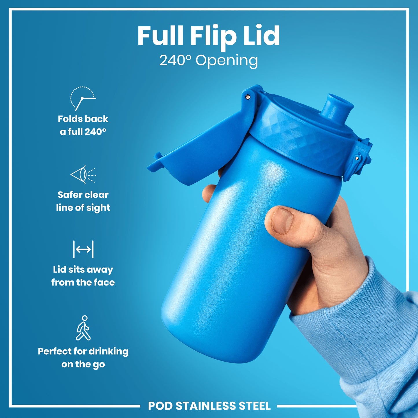 A blue stainless steel water bottle with a flip lid is held; the lid is open to 240 degrees. The bottle is being shown against a light blue background. "Full Flip Lid," "240° Opening," and "POD STAINLESS STEEL" are also present.