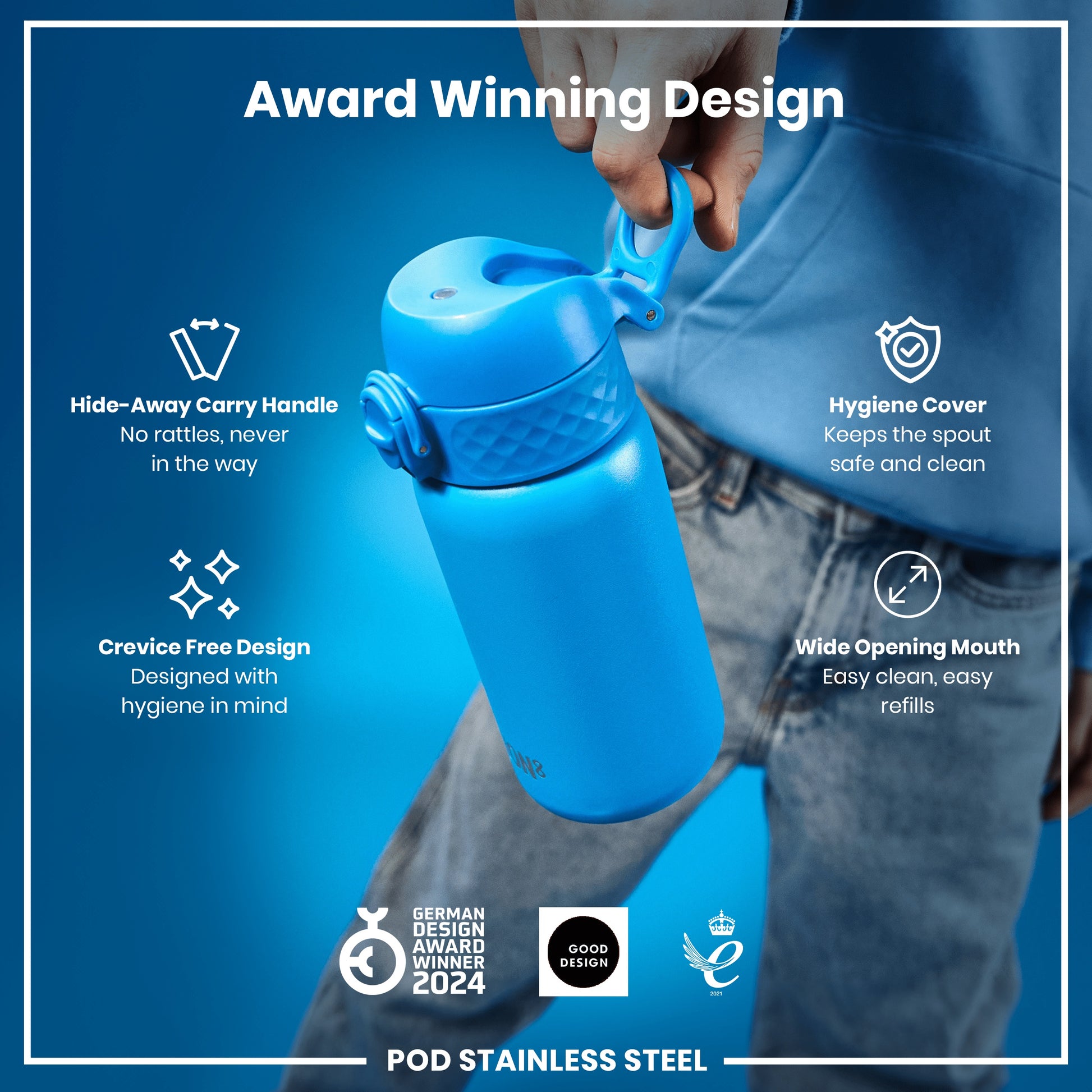 A blue water bottle is being held. Its features are highlighted: a hide-away handle, hygiene cover, crevice-free design, and wide mouth. It's an award-winning design.
