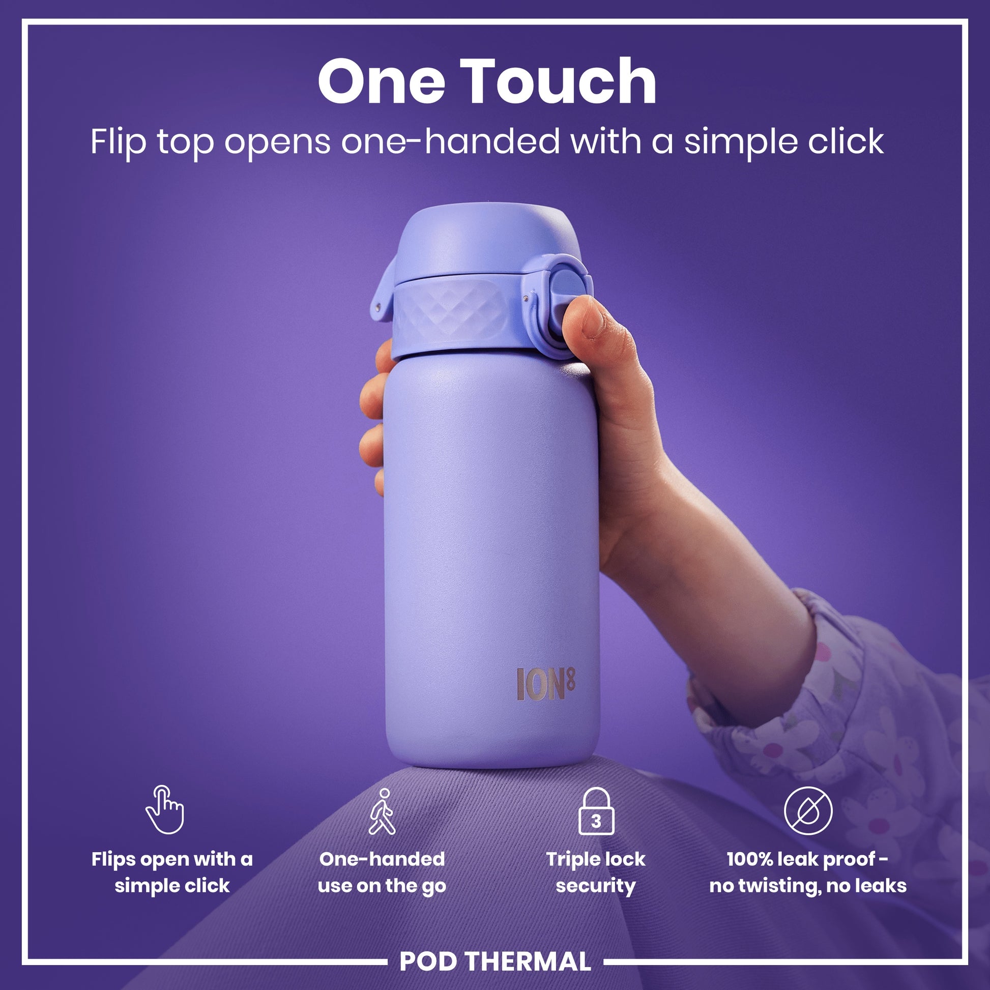 A lavender water bottle is being held; its flip top opens with a single click. The bottle is advertised as one-handed, leak-proof, and with triple lock security, against a purple background.