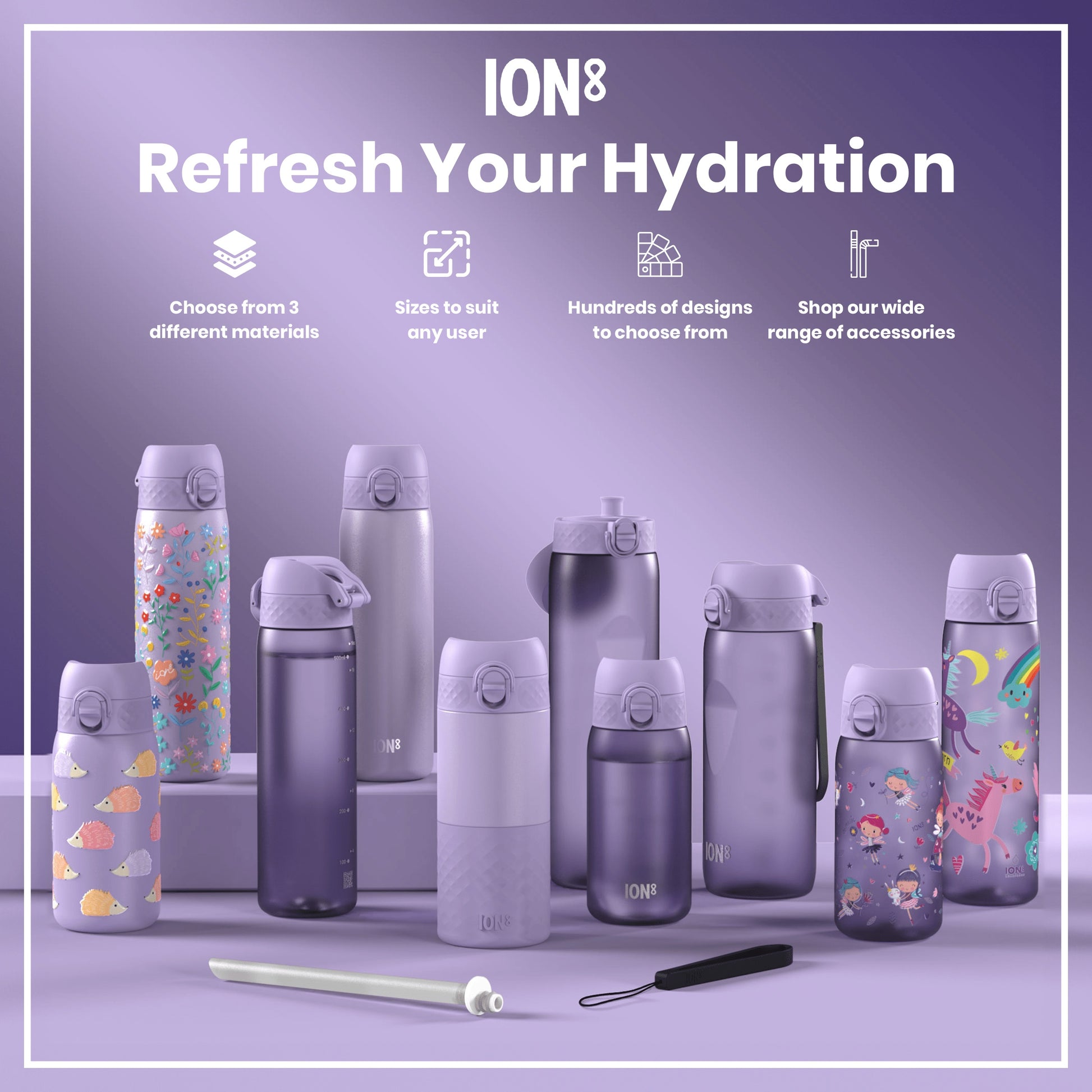 Several water bottles, in various sizes and designs, are displayed on a lavender surface. They are shown alongside accessories and text advertising material choices, sizing, designs and accessories. Refresh Your Hydration.