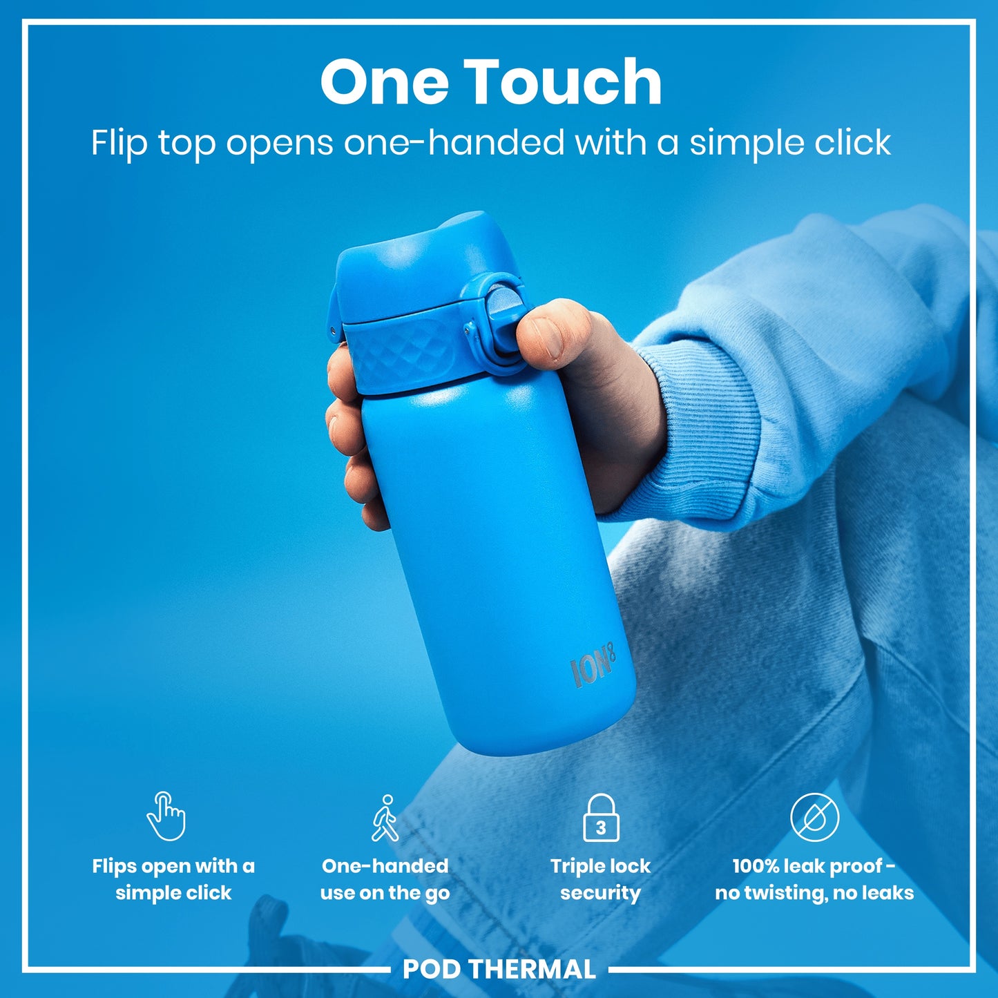 A blue water bottle is held; its flip top opens one-handed. The bottle is displayed against a light-blue background. "One Touch. Flip top opens one-handed with a simple click."